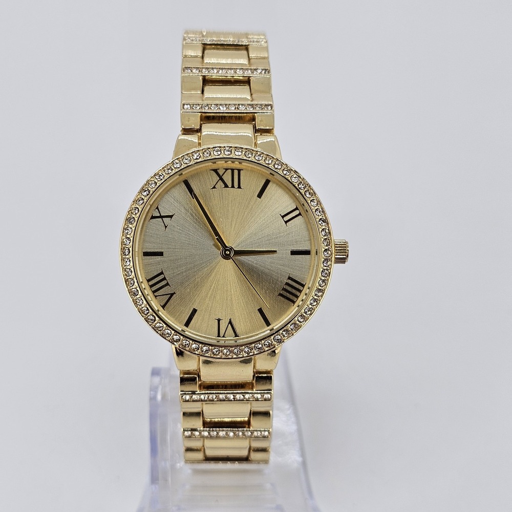 Women's Analog Minimalist Watch 30MM Gold Dial Gold Metal Bands 7" NEW Battery